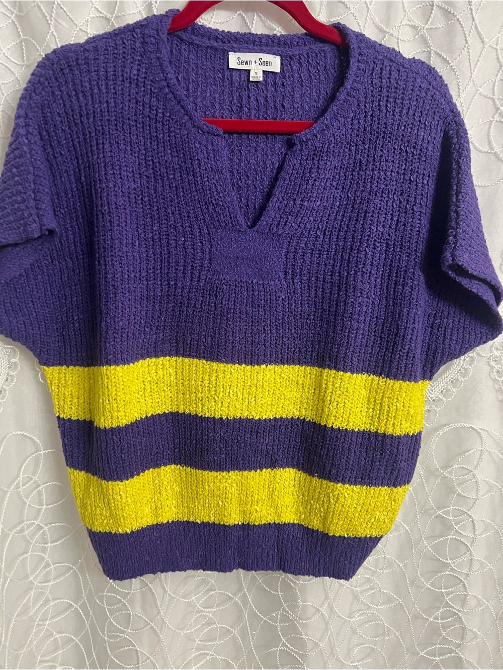 Purple V-Neck Sweater with Yellow Stripes Brand New